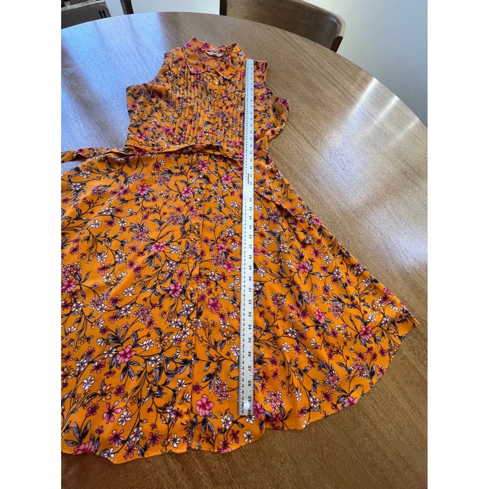 Nanette Lepore Orange Floral Pintuck Sleeveless Shirt Dress Size 10 Belted Knee - Picture 9 of 10